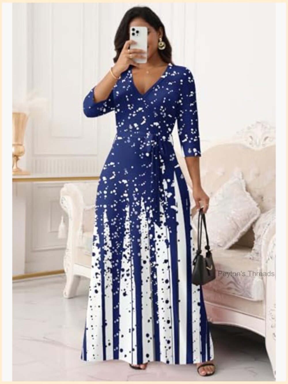 Women's V-Neck 3/4 Sleeve Maxi Dress with Tie Waist - Casual Flowy Silhouette - Picture 2 of 7